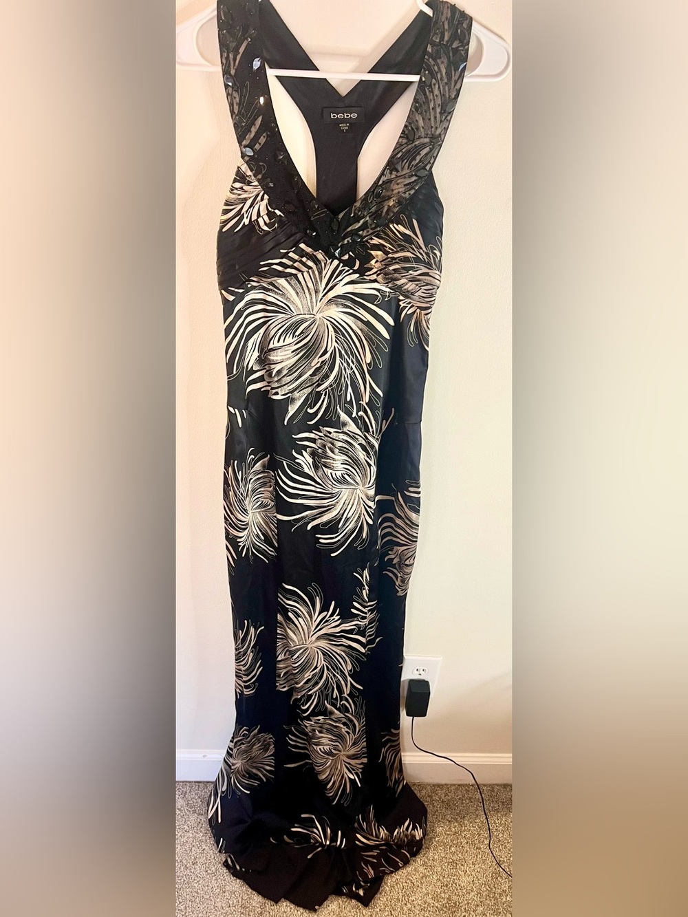 Bebe Black Floral Evening Gown Halter w/Rhinestones Maxi Elegant Formal Dress S